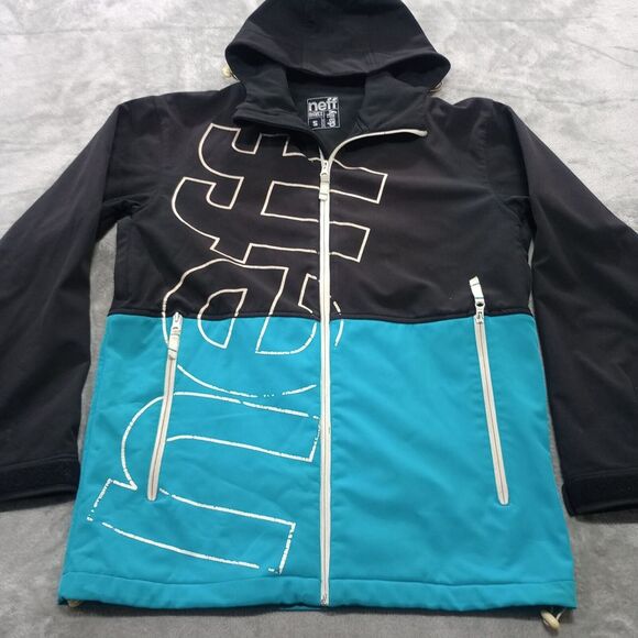 Neff Soft‎ Shell Daily Snowboard Jacket Sz Small Colorblock Blue Black Hooded - Picture 1 of 11